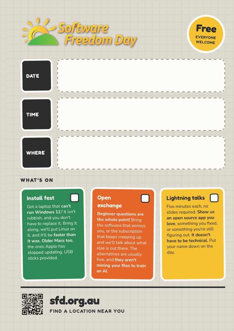 Preview of the printable poster, with blank boxes to write in the date, time and place, and tick boxes for what is on.